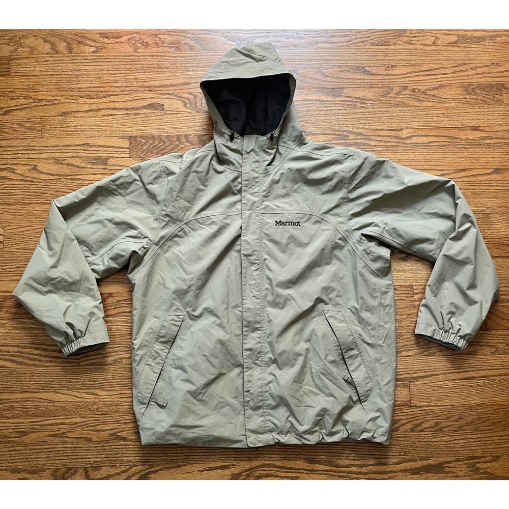 Marmot Mens XL Tan Khaki Hooded Windbreaker Rain Jacket Full Zip Outdoor 250180
